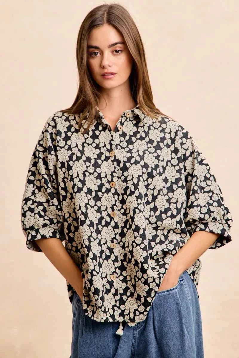 BiBi Floral Jacquard Short Dolman Sleeves Shirt BiBi Floral Jacquard Short Dolman Sleeves Shirt