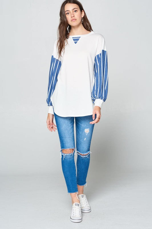 Super Lady Full Size French Terry Striped Long Sleeve Top Super Lady Full Size French Terry Striped Long Sleeve Top