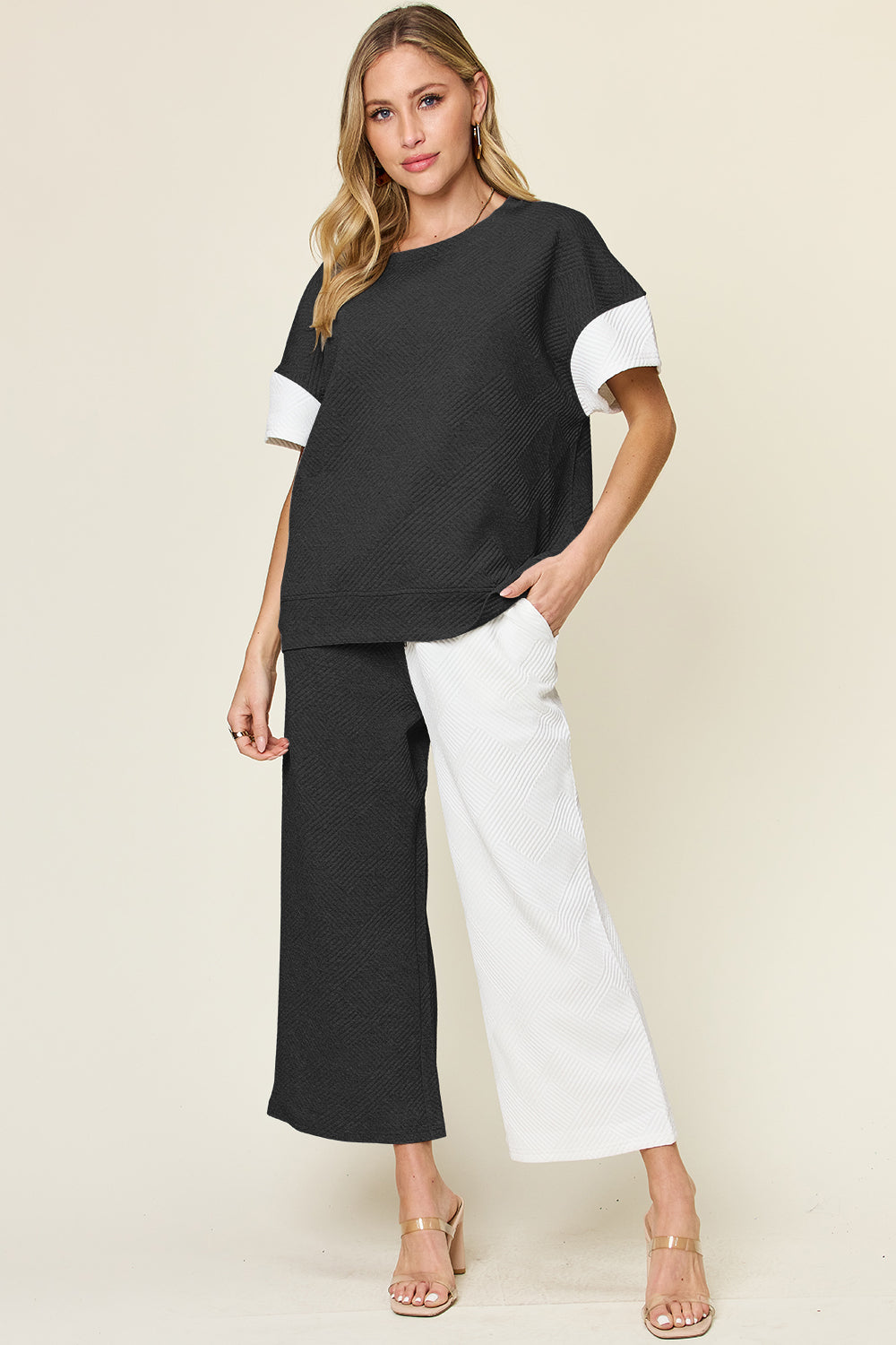 Double Take Full Size Texture Contrast T-Shirt and Wide Leg Pants Set Double Take Full Size Texture Contrast T-Shirt and Wide Leg Pants Set