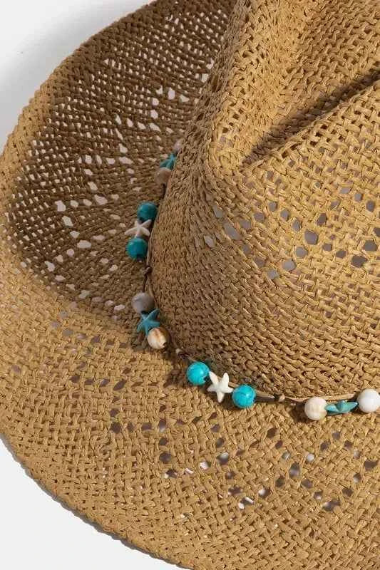 Fame Turquoise and Shell Star Beads Strap Western Straw Hat Fame Turquoise and Shell Star Beads Strap Western Straw Hat