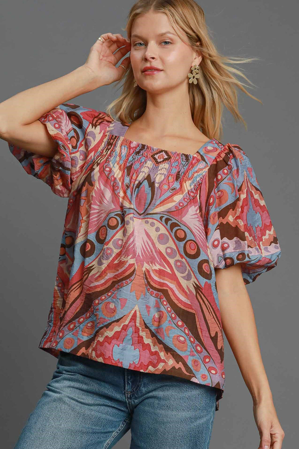 Umgee Full Size Abstract Print Smocked Square Neck Puff Sleeve Blouse Umgee Full Size Abstract Print Smocked Square Neck Puff Sleeve Blouse - TopFashionHQ