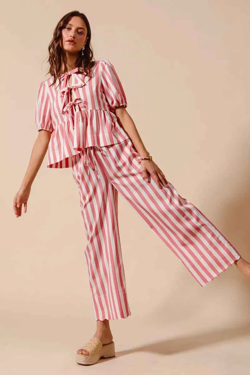 SO ME Front Tie Stripe Top With Puff Sleeves and Wide Leg Pants Set SO ME Front Tie Stripe Top With Puff Sleeves and Wide Leg Pants Set