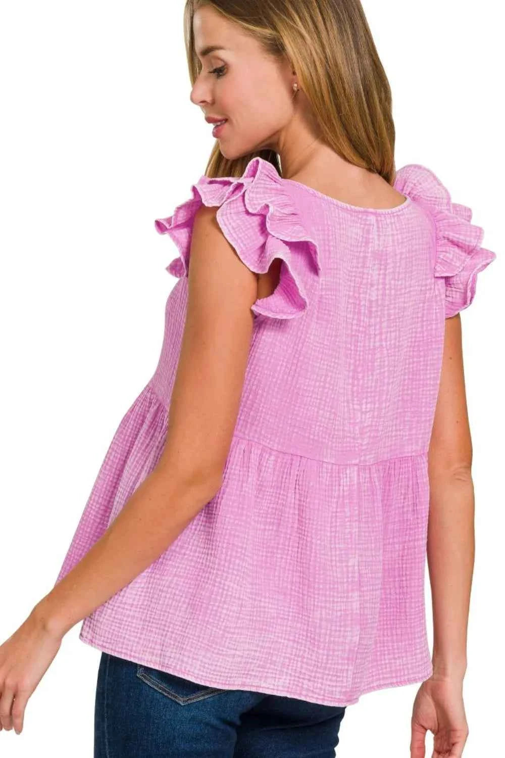 Zenana Double Gauze Acid Washed Tiered Ruffle Peplum Top Zenana Double Gauze Acid Washed Tiered Ruffle Peplum Top