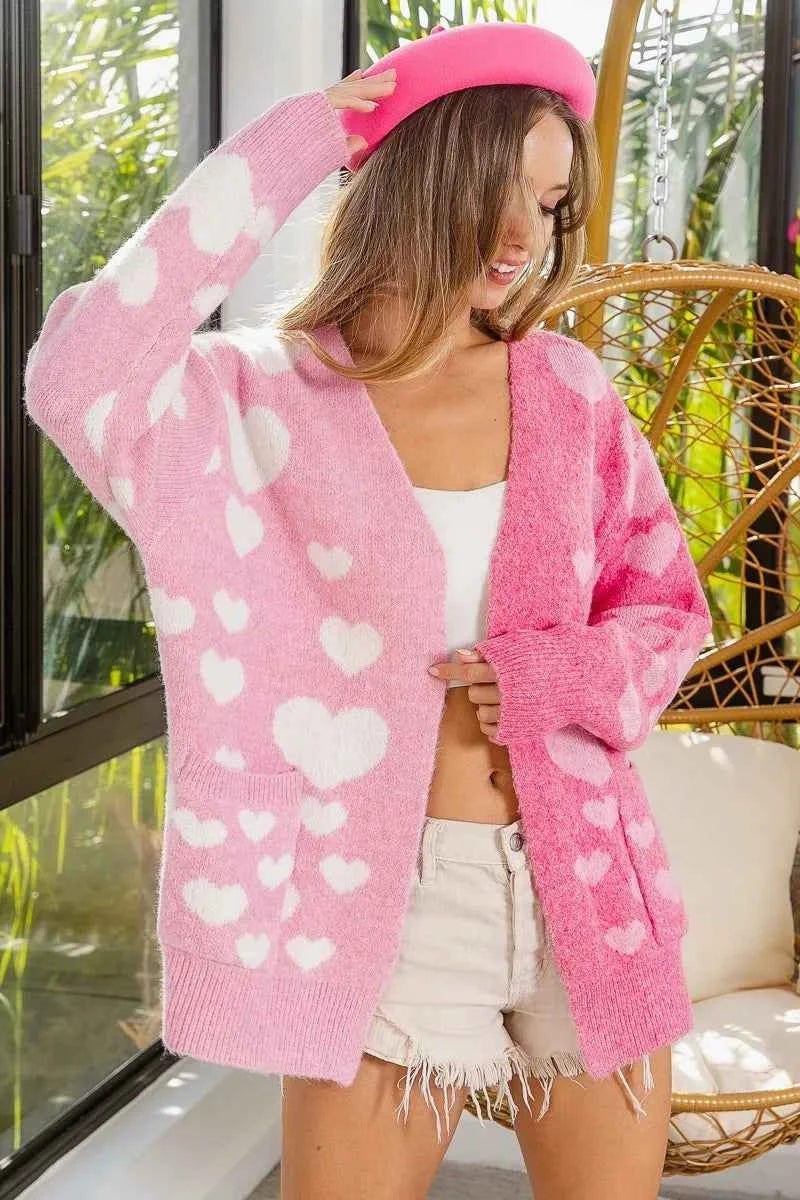 BiBi Heart Color Block V-Beck Knit Cardigan with Pockets BiBi Heart Color Block V-Beck Knit Cardigan with Pockets