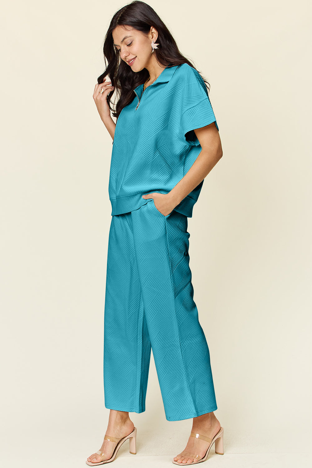 Double Take Full Size Texture Half Zip Short Sleeve Top and Pants Set Double Take Full Size Texture Half Zip Short Sleeve Top and Pants Set