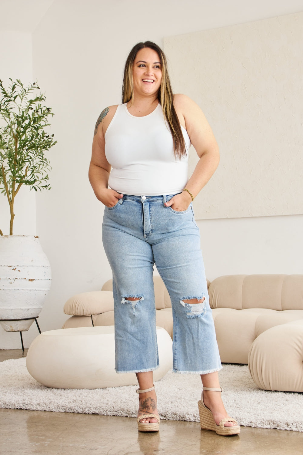 RFM Full Size Tummy Control High Waist Raw Hem Distressed Jeans RFM Full Size Tummy Control High Waist Raw Hem Distressed Jeans - TopFashionHQ