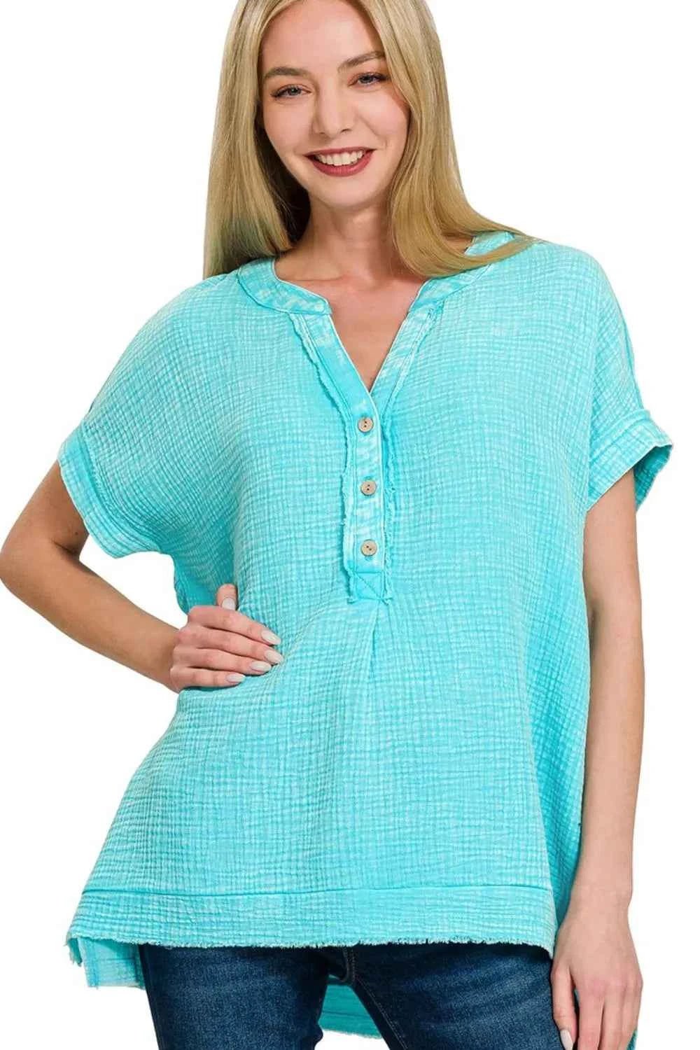 Zenana Washed Double Gauze 3/4 Button Henley Neck Shirt Zenana Washed Double Gauze 3/4 Button Henley Neck Shirt