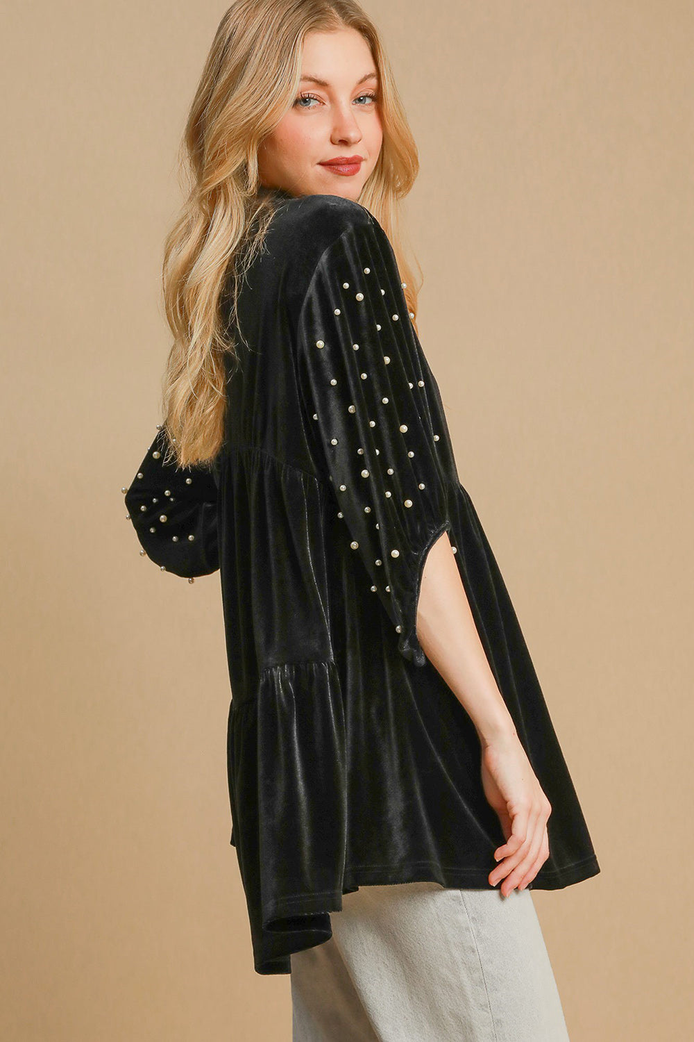 Umgee Pearl Detail Half Sleeve Velvet Babydoll Blouse Umgee Pearl Detail Half Sleeve Velvet Babydoll Blouse - TopFashionHQ