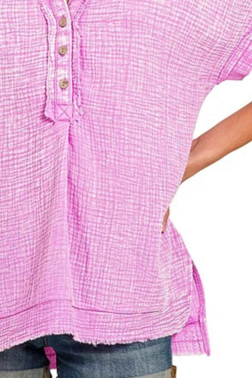 Zenana Washed Double Gauze 3/4 Button Henley Neck Shirt Zenana Washed Double Gauze 3/4 Button Henley Neck Shirt
