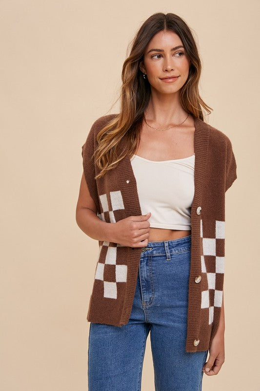 Annie Wear Checkered Button Down Short Sleeve Cardigan Annie Wear Checkered Button Down Short Sleeve Cardigan