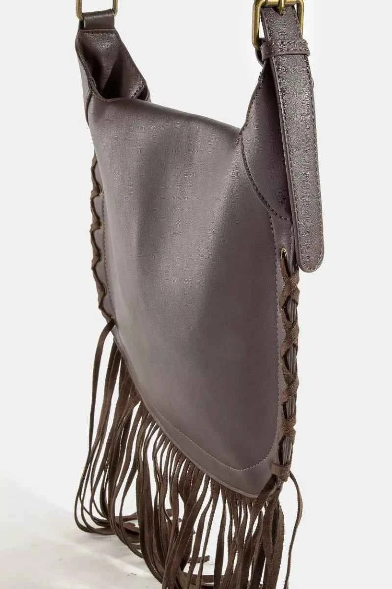 Fame Rivet Trim Suede Fringe Shoulder Bag Fame Rivet Trim Suede Fringe Shoulder Bag