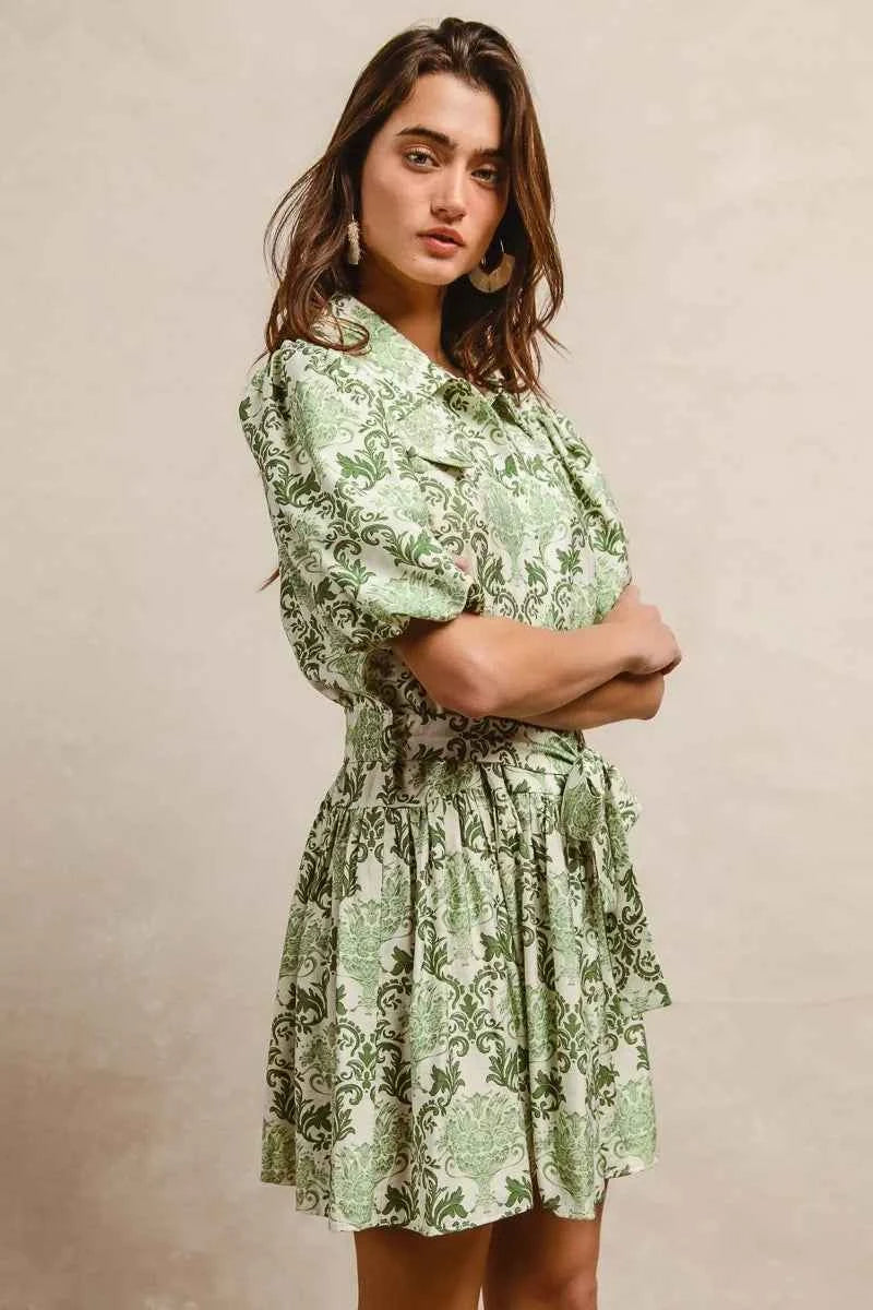 BiBi Tied Floral Short Sleeve Mini Shirt Dress BiBi Tied Floral Short Sleeve Mini Shirt Dress