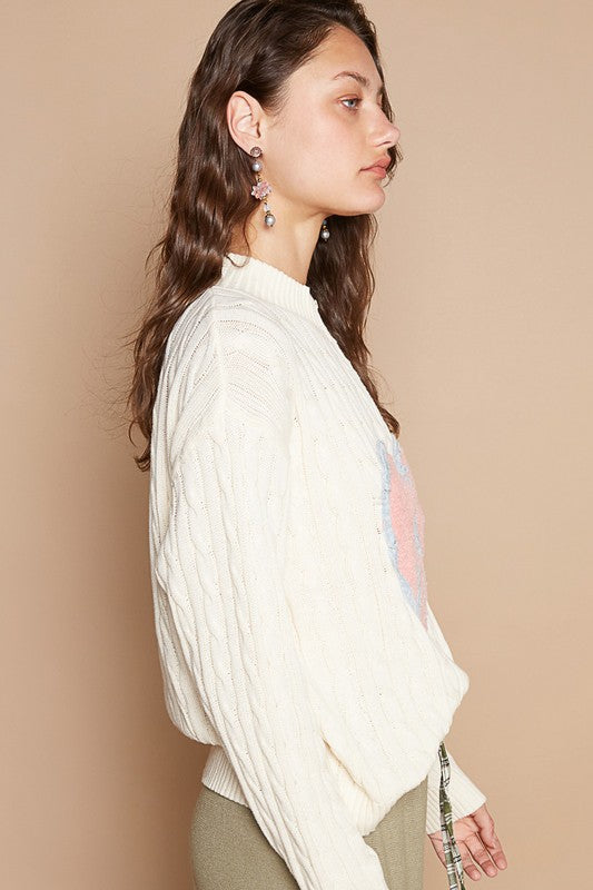 POL Cable-Knit Peace Patch Dropped Shoulder Sweater POL Cable-Knit Peace Patch Dropped Shoulder Sweater - TopFashionHQ