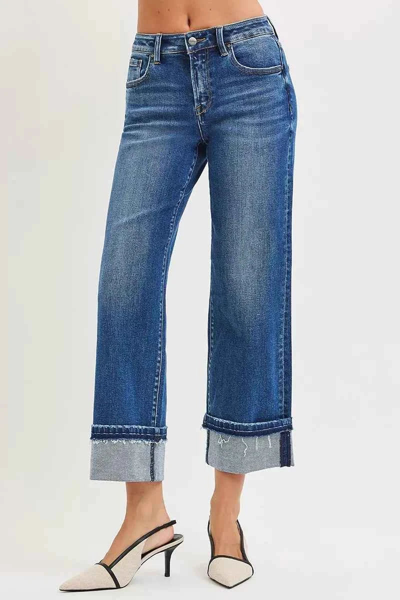RISEN Mid Rise Ankle Straight Jeans with Cuffed Hem RISEN Mid Rise Ankle Straight Jeans with Cuffed Hem