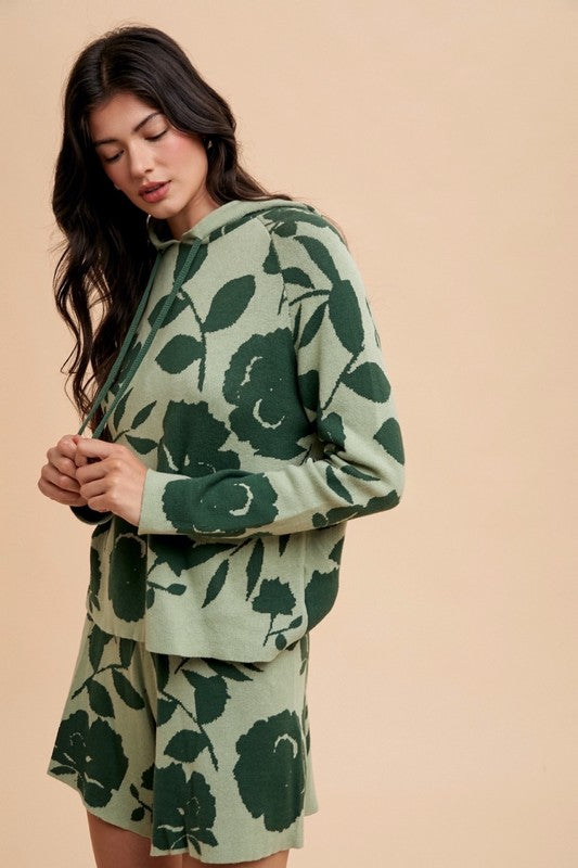 Annie Wear Flower Pattern Drawstring Hooded Top and Shorts Sweater Set Annie Wear Flower Pattern Drawstring Hooded Top and Shorts Sweater Set