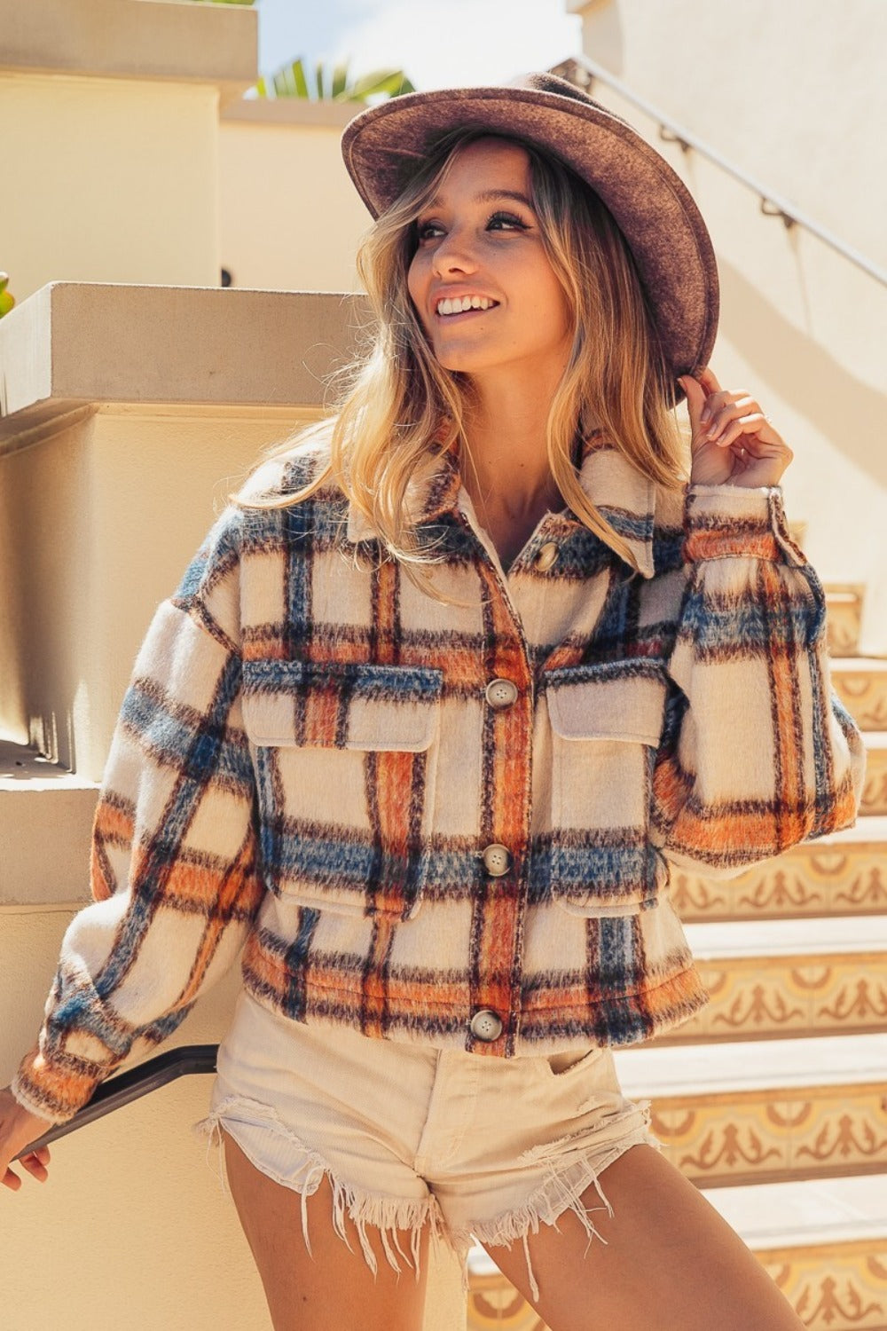 BiBi Brushed Plaid Crop Jacket with Pockets BiBi Brushed Plaid Crop Jacket with Pockets