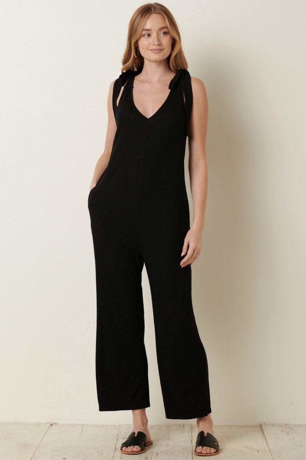Mittoshop Rib Knit V-Neck Cross Back Jumpsuit Mittoshop Rib Knit V-Neck Cross Back Jumpsuit - TopFashionHQ