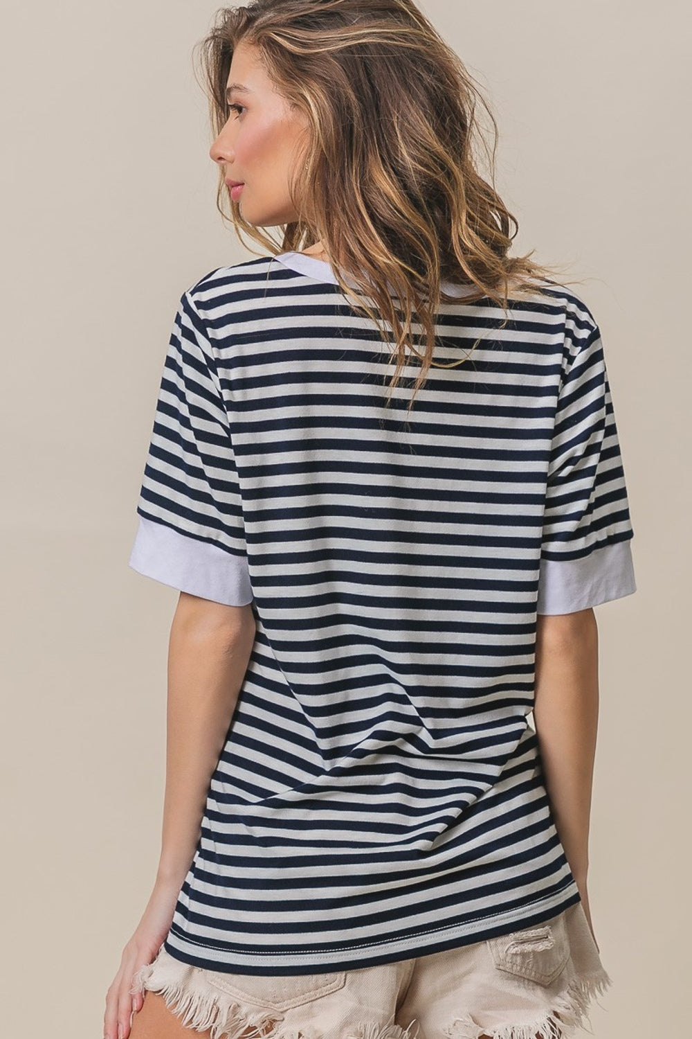 BiBi Contrast Striped Notched Knit Top BiBi Contrast Striped Notched Knit Top - TopFashionHQ