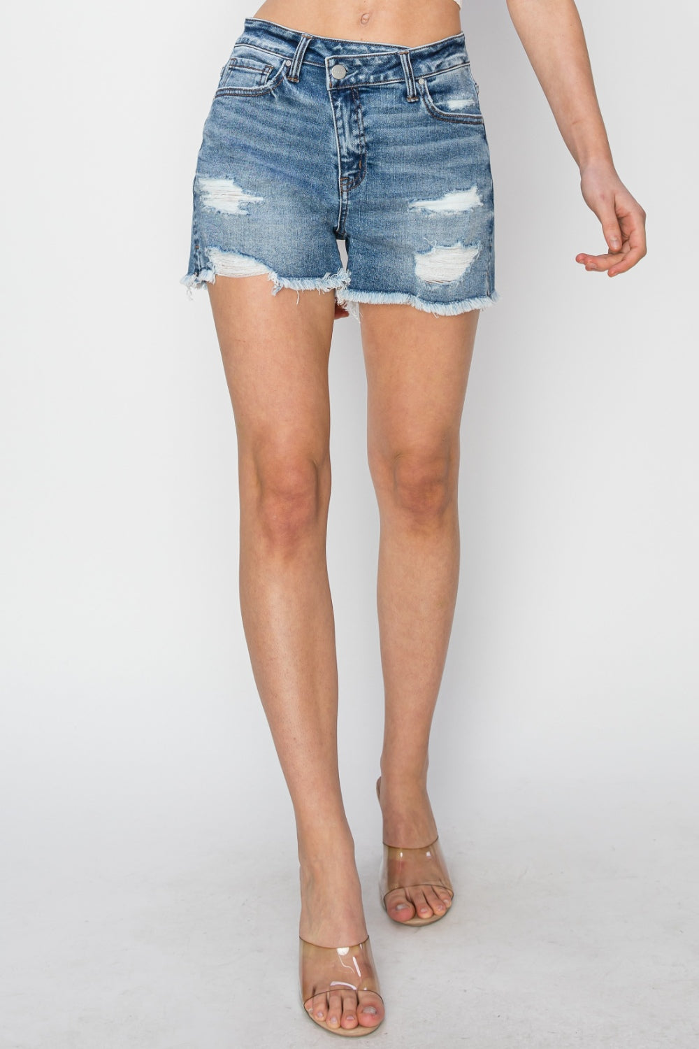 RISEN Stepped Waist Frayed Denim Shorts RISEN Stepped Waist Frayed Denim Shorts - TopFashionHQ