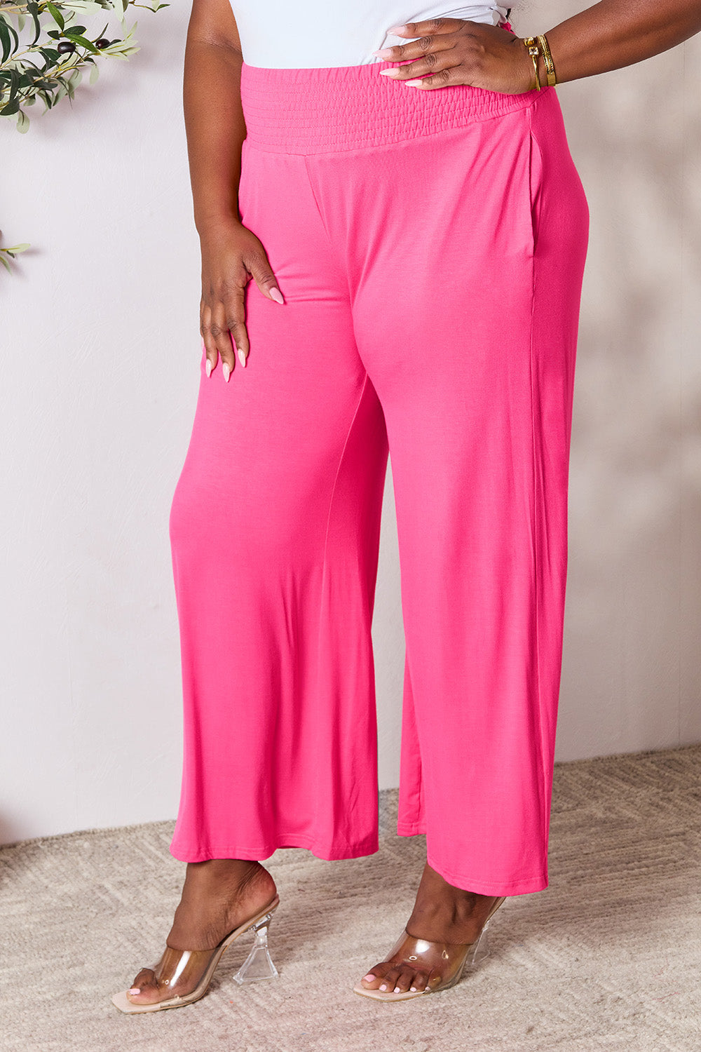 Double Take Full Size Smocked Wide Waistband Wide Leg Pants Double Take Full Size Smocked Wide Waistband Wide Leg Pants - TopFashionHQ