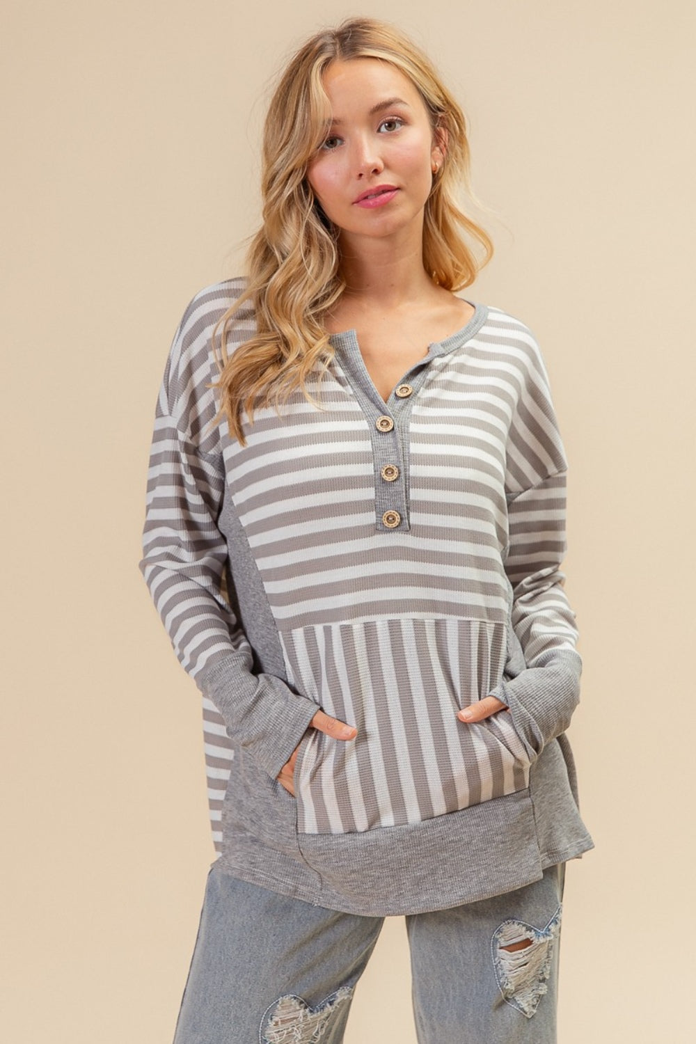 BiBi Striped Thumbhole Long Sleeve Top BiBi Striped Thumbhole Long Sleeve Top - TopFashionHQ