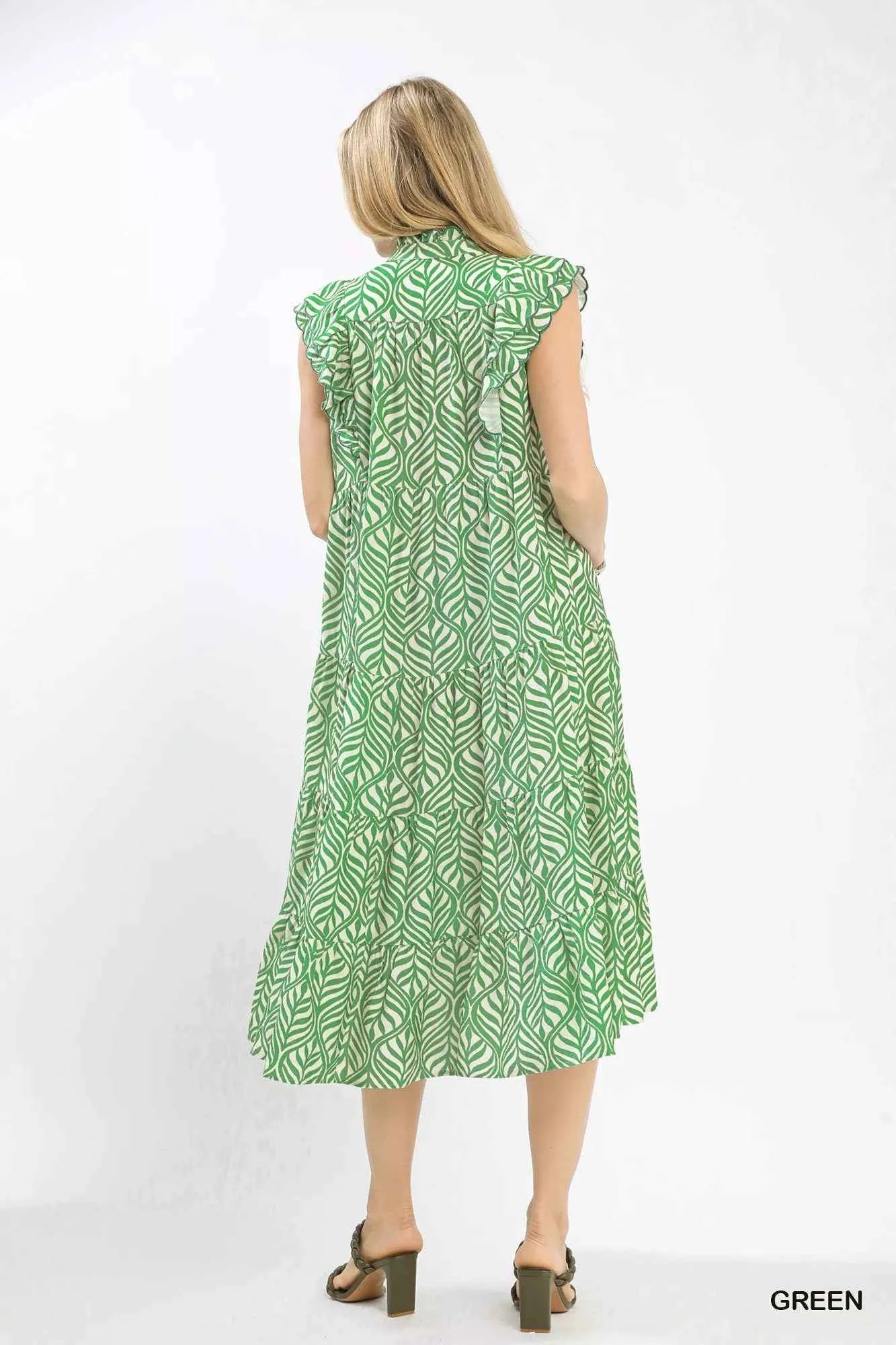 Umgee Leaf Print Tiered Midi Dress with Ruffle Detail Umgee Leaf Print Tiered Midi Dress with Ruffle Detail