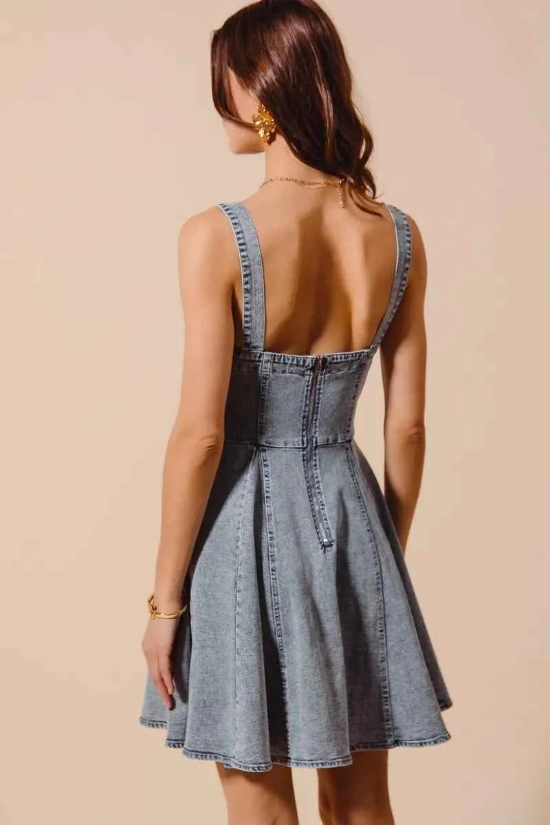 SO ME Mineral Washed Bow Ribbon Denim Flare Dress SO ME Mineral Washed Bow Ribbon Denim Flare Dress