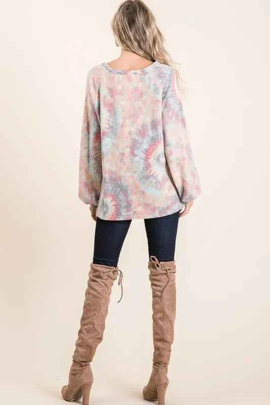 BiBi Brushed Tie Dye Print Top with Puff Sleeves BiBi Brushed Tie Dye Print Top with Puff Sleeves