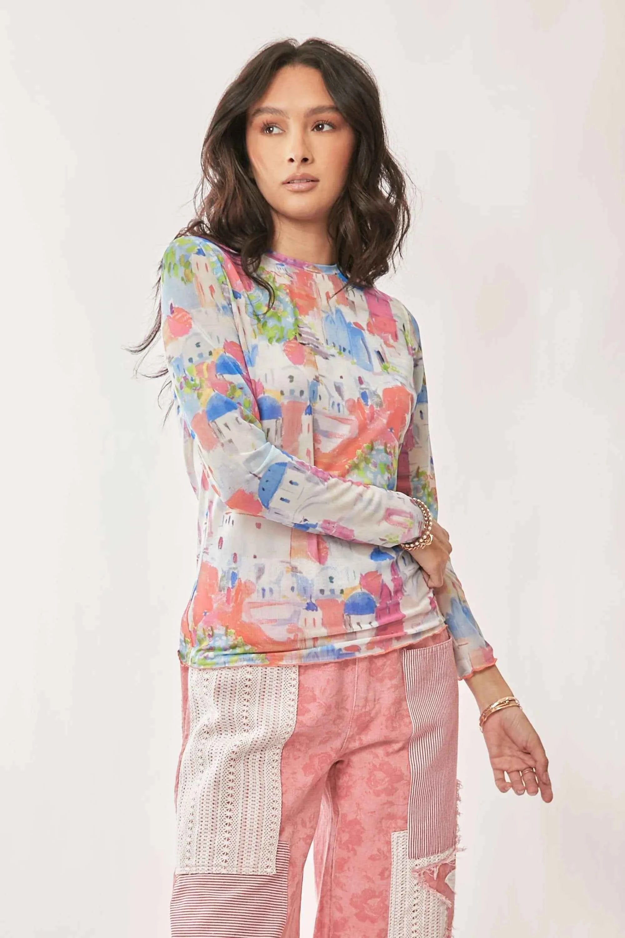 Davi & Dani Multi Printed Mesh Round Neck Long Sleeve Top Davi & Dani Multi Printed Mesh Round Neck Long Sleeve Top
