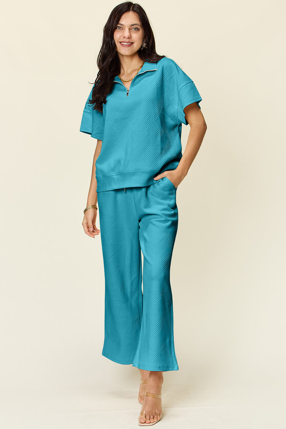 Double Take Full Size Texture Half Zip Short Sleeve Top and Pants Set Double Take Full Size Texture Half Zip Short Sleeve Top and Pants Set