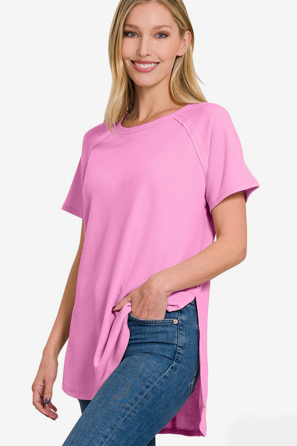Zenana Slit Round Neck Short Sleeve Waffle Top Zenana Slit Round Neck Short Sleeve Waffle Top - TopFashionHQ