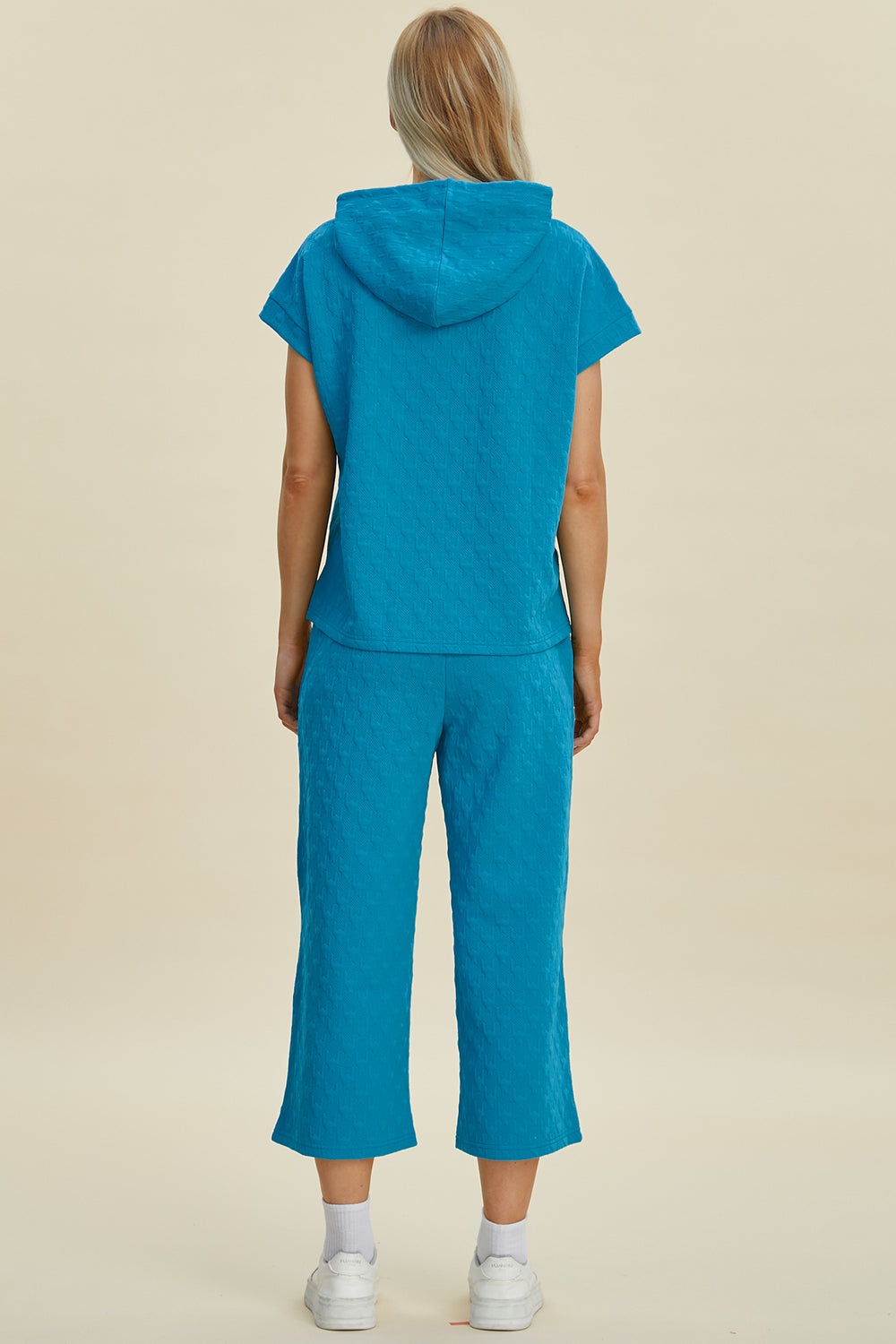 Double Take Full Size Texture Drawstring Short Sleeve Hoodie and Pocketed Pants Set Double Take Full Size Texture Drawstring Short Sleeve Hoodie and Pocketed Pants Set