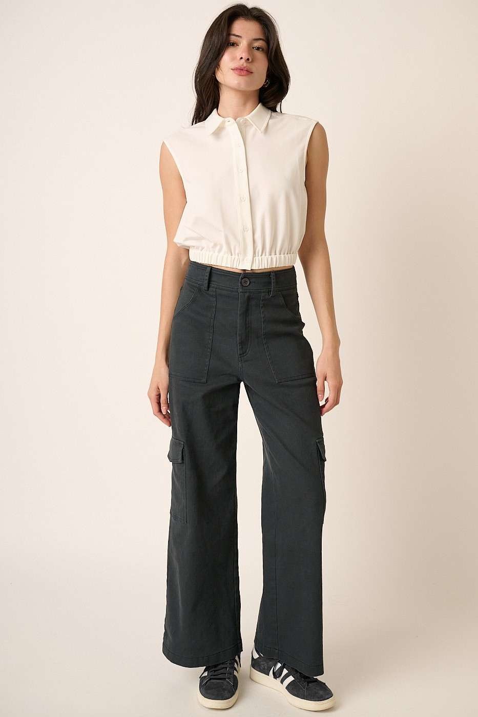 Mittoshop Wide Leg High Waist Pants with Cargo Pockets Mittoshop Wide Leg High Waist Pants with Cargo Pockets