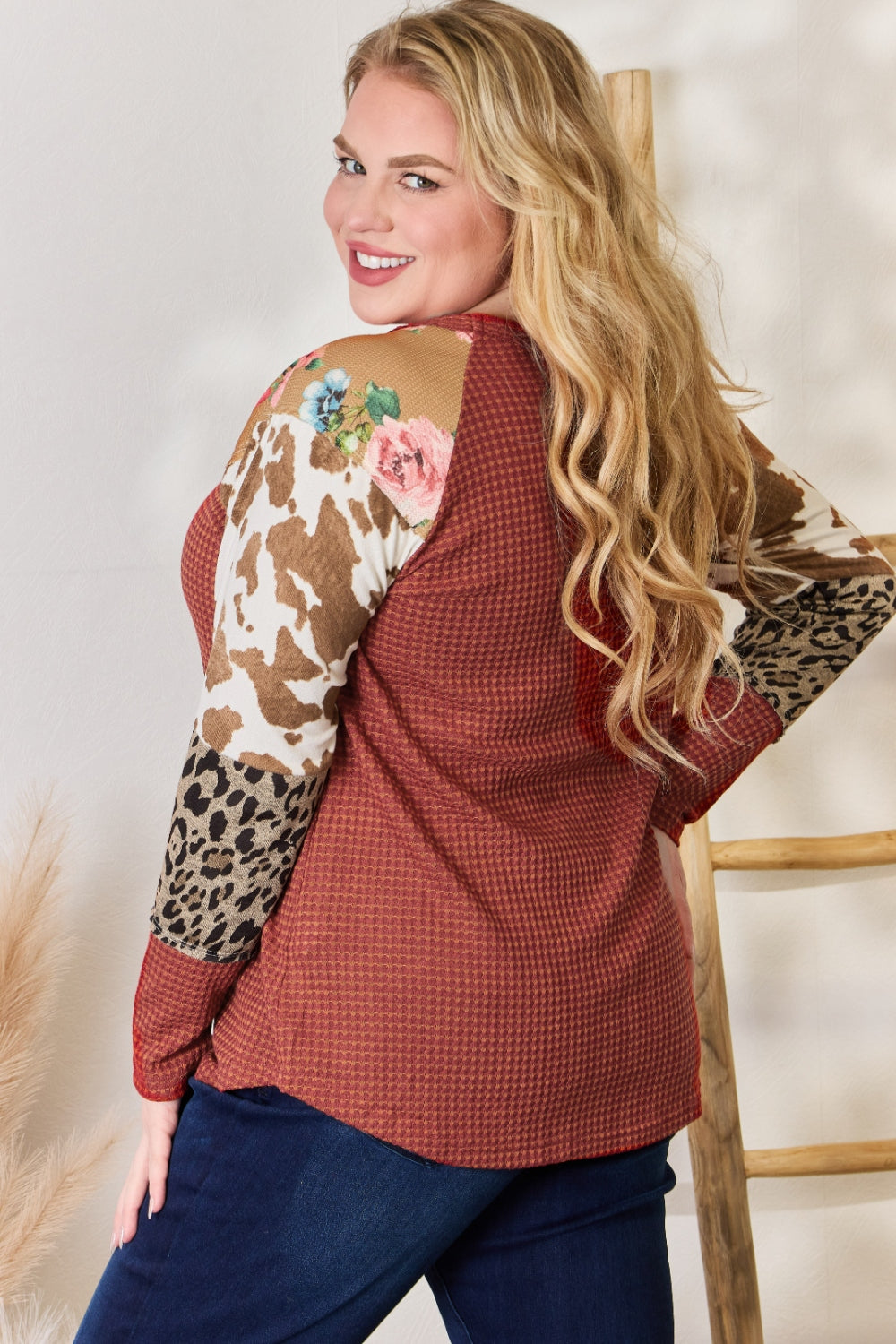 Hailey & Co Full Size Leopard Waffle-Knit Blouse Hailey & Co Full Size Leopard Waffle-Knit Blouse - TopFashionHQ