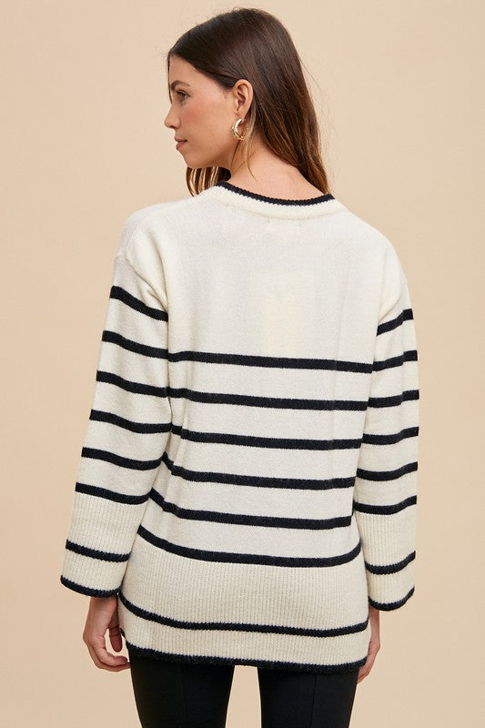 Annie Wear Side Slit Striped Round Neck Sweater Annie Wear Side Slit Striped Round Neck Sweater