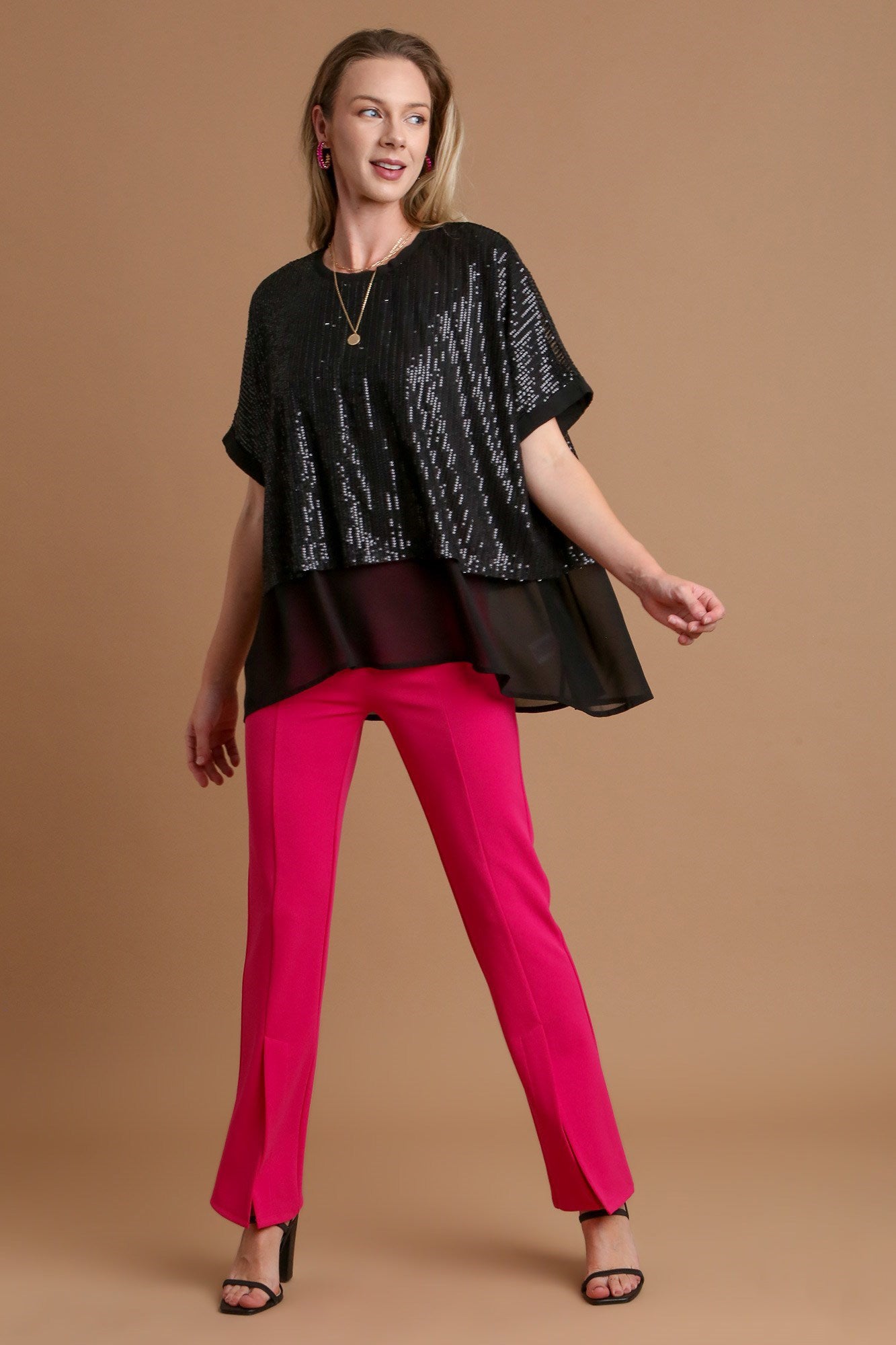 Umgee Sequin Half Sleeve Layered Blouse Umgee Sequin Half Sleeve Layered Blouse - TopFashionHQ