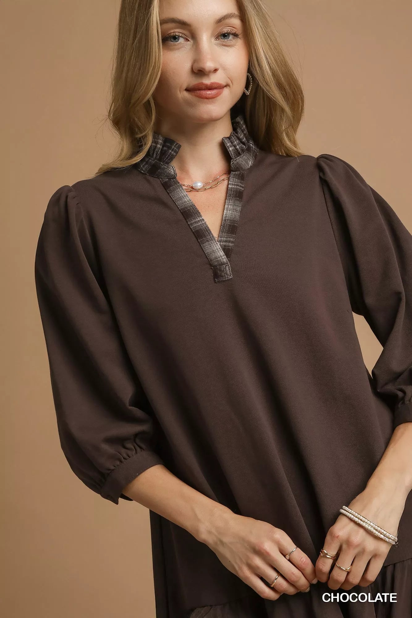 Umgee French Terry Ruffle Hem Dress with Plaid Trim 90797a29-e1b7-44df-bd72-c99453b6306a-Max-Origin