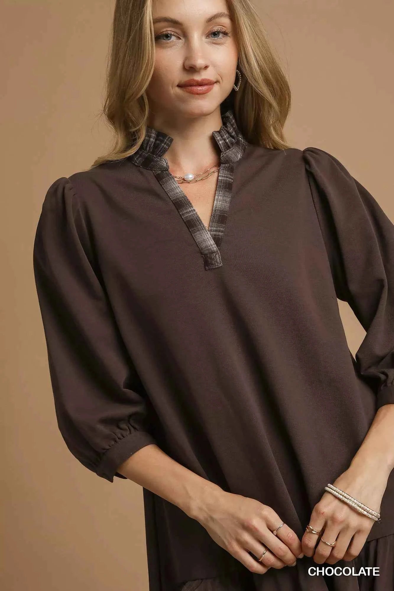 Umgee French Terry Ruffle Hem Dress with Plaid Trim Umgee French Terry Ruffle Hem Dress with Plaid Trim