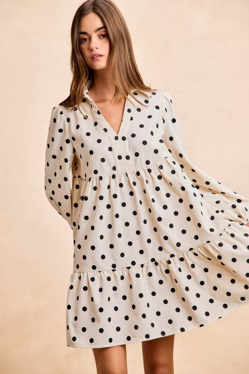 BiBi Polka Dot Corduroy Collared V Neck Dress 9099283f24184779b1101a629109186f-Max-Origin