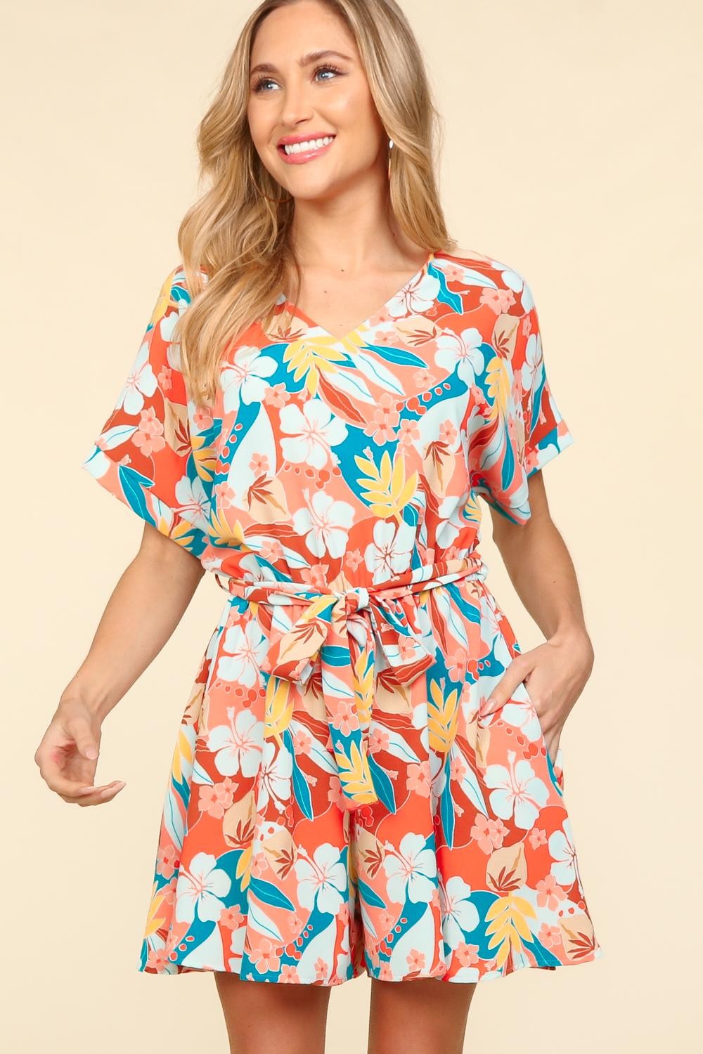 Haptics Tropical Floral Short Sleeve Tied Romper Haptics Tropical Floral Short Sleeve Tied Romper - TopFashionHQ