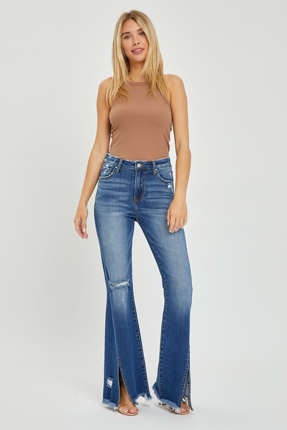 RISEN Full Size High Rise Front Slit Frayed Hem Flare Jeans RISEN Full Size High Rise Front Slit Frayed Hem Flare Jeans - TopFashionHQ