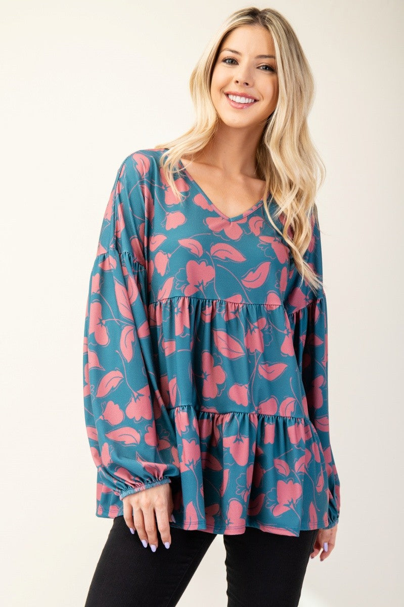 Celeste Full Size Tiered Floral V-Neck Long Sleeve Blouse Celeste Full Size Tiered Floral V-Neck Long Sleeve Blouse