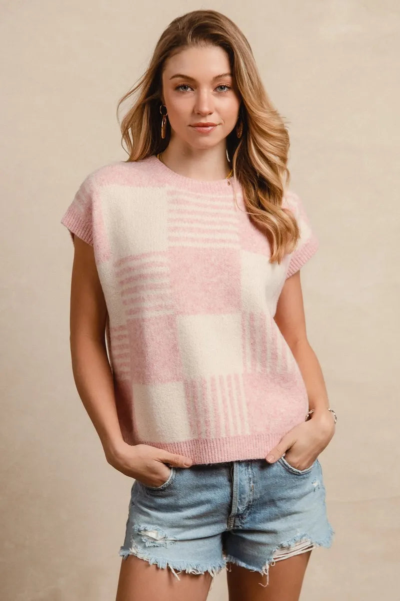 BiBi Checker With Stripes Pattern Sleeveless Sweater 91493f5814db4ecd8d277a9511093fb7-Max-Origin