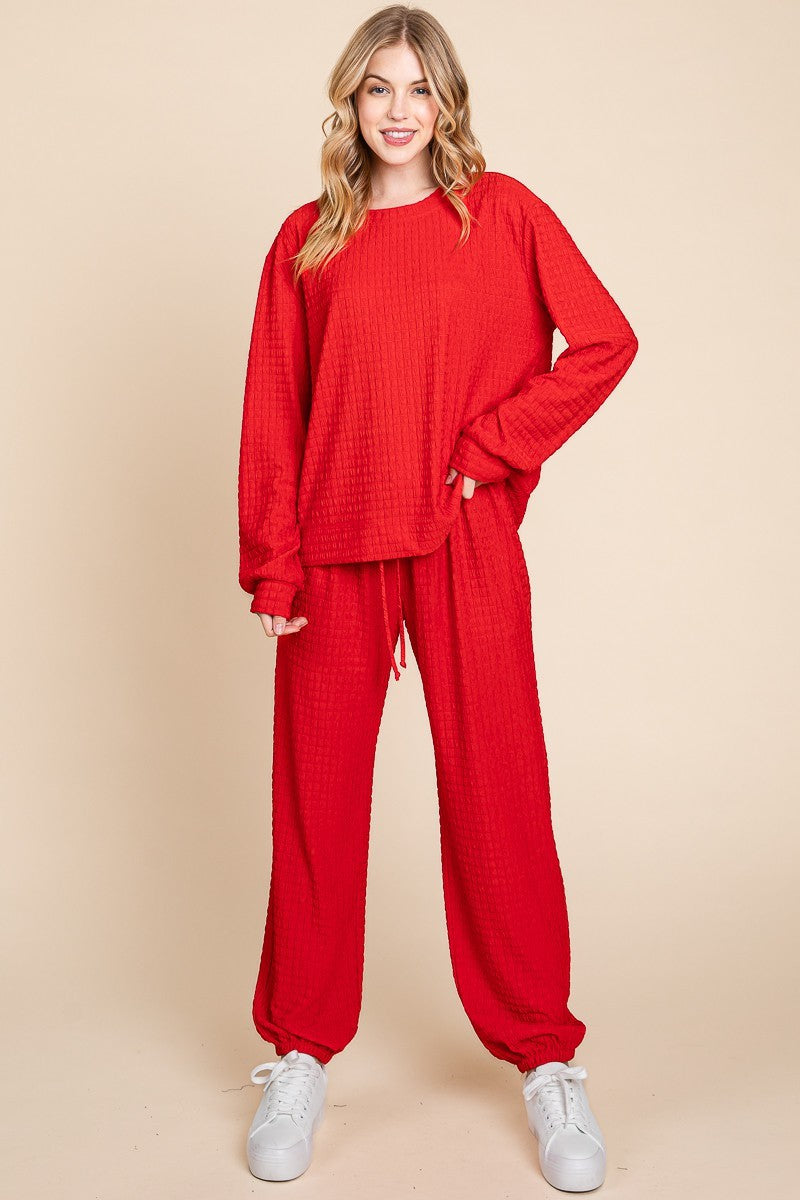 Super Lady Full Size Crinkle Check Round Neck Top and Pants Lounge Set Super Lady Full Size Crinkle Check Round Neck Top and Pants Lounge Set