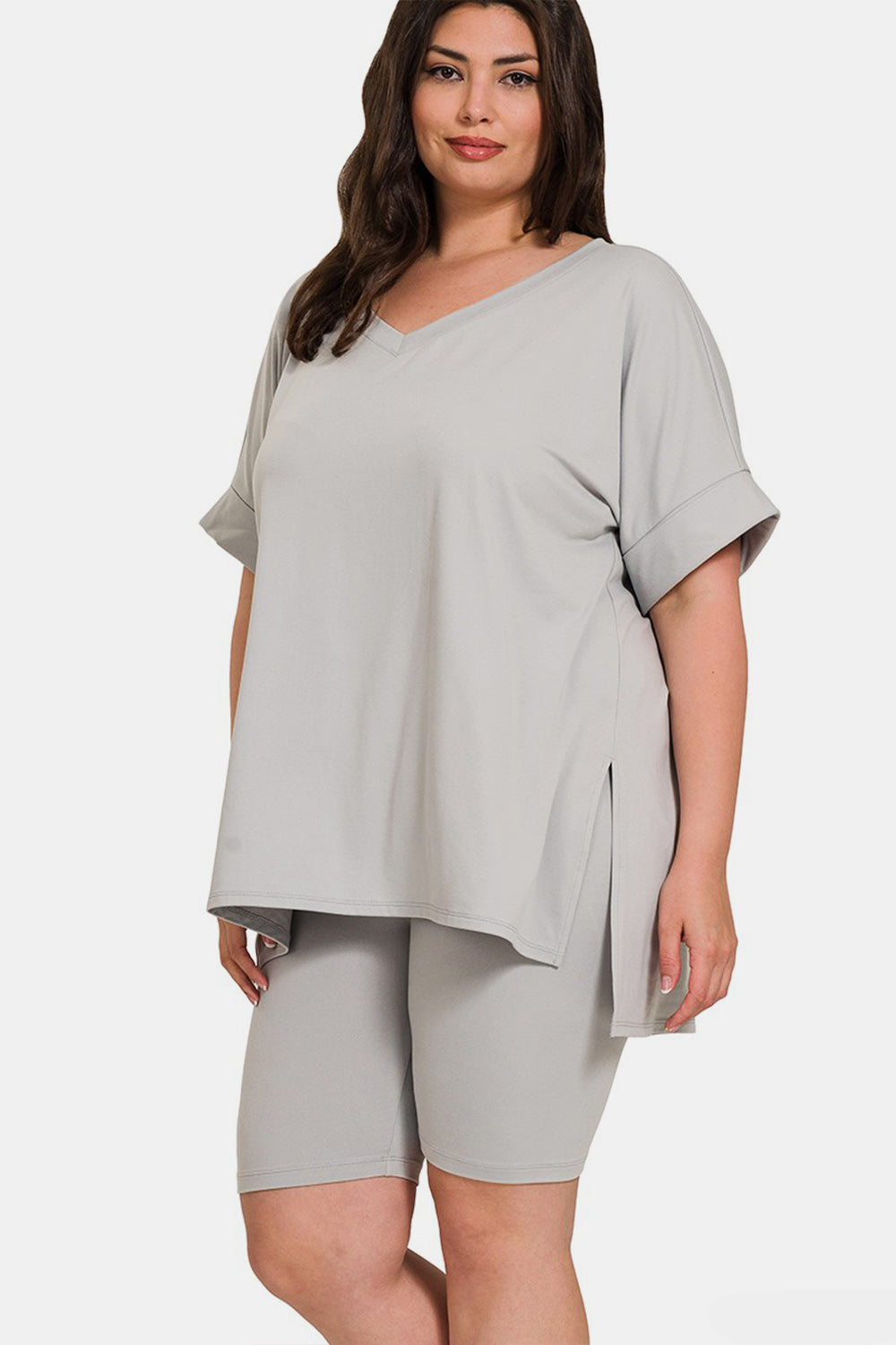 Zenana Full Size V-Neck Short Sleeve Slit T-Shirt and Shorts Set Zenana Full Size V-Neck Short Sleeve Slit T-Shirt and Shorts Set - TopFashionHQ