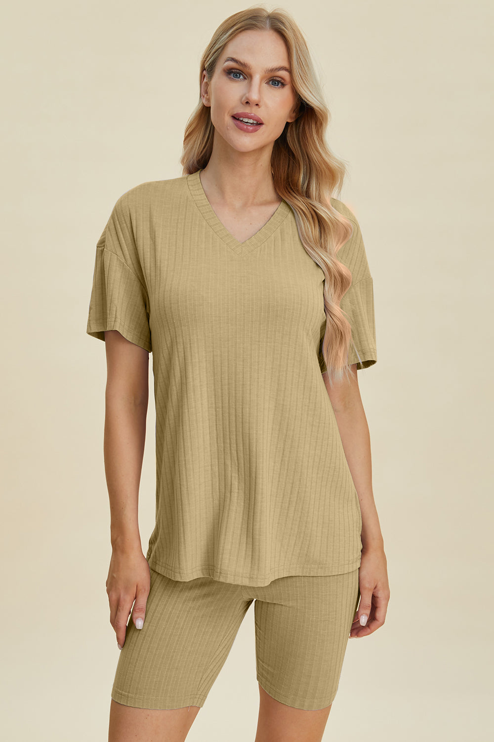 Basic Bae Full Size Ribbed V-Neck Short Sleeve Top and Shorts Set Basic Bae Full Size Ribbed V-Neck Short Sleeve Top and Shorts Set