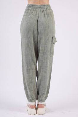 VERY J Washed Woven Crinkle Gauze Drawstring Pants - TopFashionHQ
