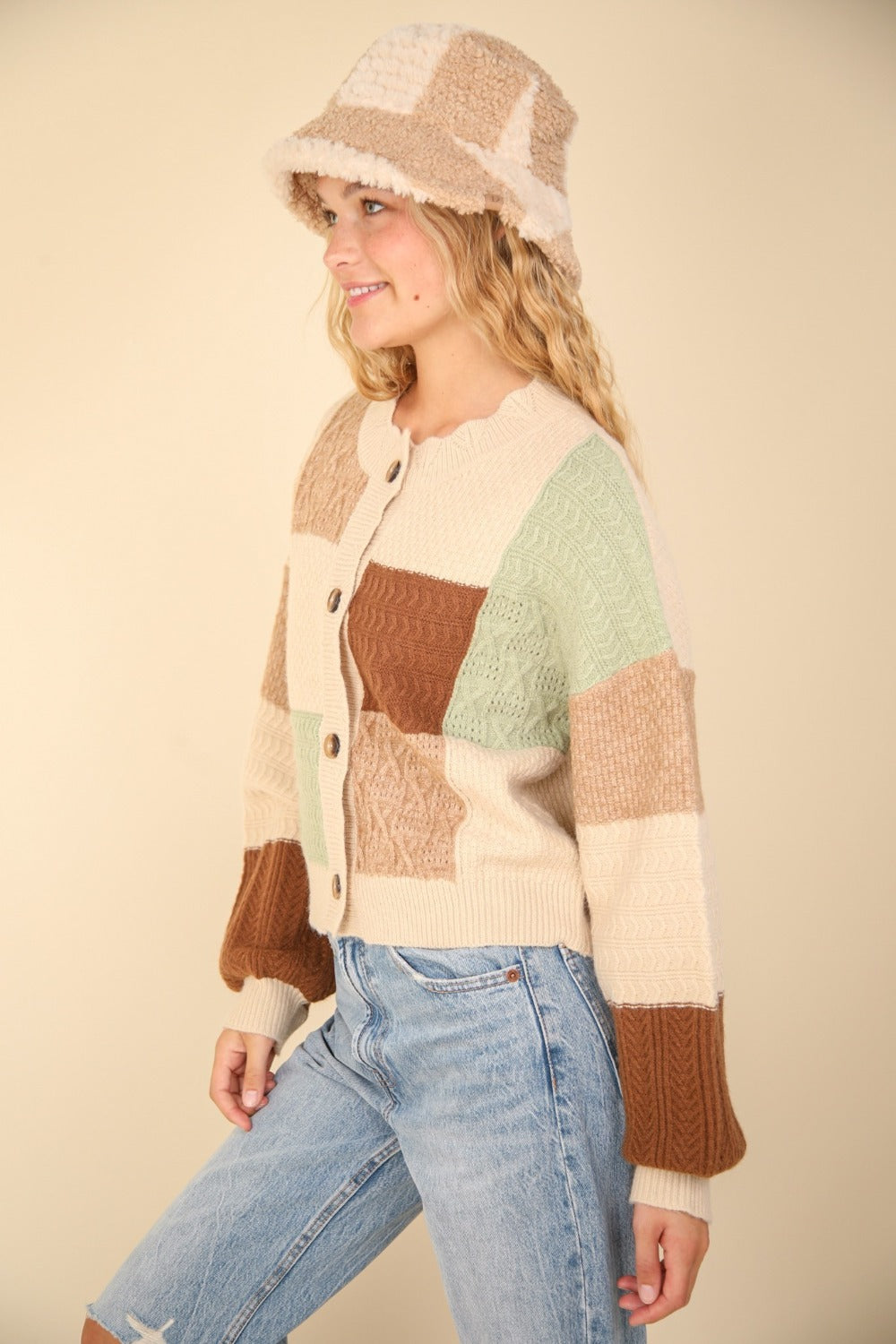 VERY J Color Block Button Down Textured Sweater Cardigan VERY J Color Block Button Down Textured Sweater Cardigan