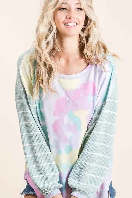 BiBi Tie Dye Terry Top with Wide Stripe Thermal Waffle BiBi Tie Dye Terry Top with Wide Stripe Thermal Waffle