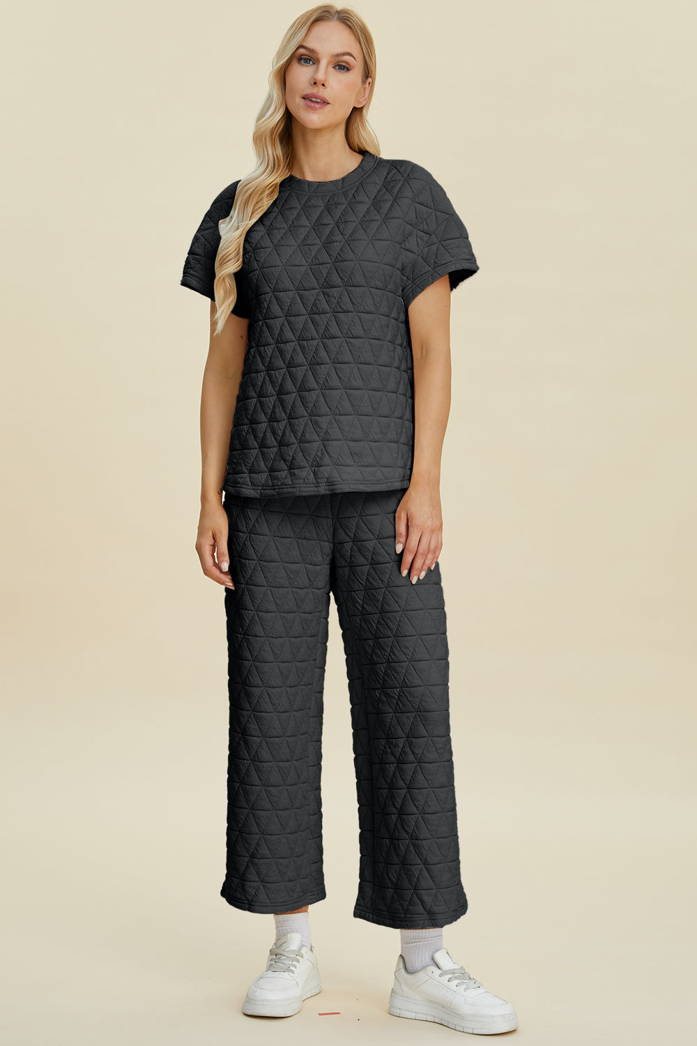 Double Take Full Size Texture Round Neck Short Sleeve Top and Pants Set Double Take Full Size Texture Round Neck Short Sleeve Top and Pants Set